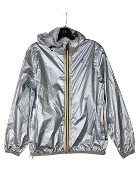K-Way Silver Hooded Raincoat with Yellow Zip Accents